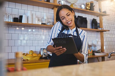 Buy stock photo Restaurant worker on tablet, phone call and making food payment, delivery or crm conversation with a customer. Business owner or manager of fast food store, coffee shop or cafe shopping for supplies