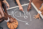 Coaching, basketball or USA sport team coach planning and talking about strategy for event game on basketball court. Athlete sports students in communication for idea in exercise, training or workout