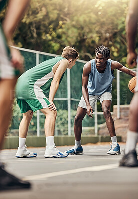 Buy stock photo Men play basketball, team training exercise and sports match. Outdoor basketball court for a group exercise, fitness and workout for competition win. Teamwork, motivation and energy for sport success