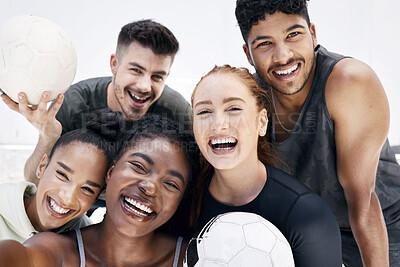 Buy stock photo Friends, sports and selfie with team of football athletes for training, workout and social media together. Teamwork, soccer player and portrait of group of people for exercise,  fitness and goals