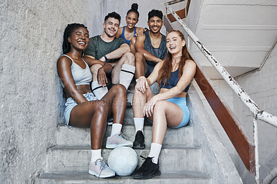 Buy stock photo Soccer, sports and team of friends on steps after fitness training, having fun and cardio exercise together. Diversity, healthy and happy athletes on staircase ready for a football game or workout 
