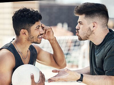 Buy stock photo Angry soccer players fight, problem and argument, conflict and anger in competition sports game. Frustrated, mad and shouting footballer men arguing on pitch about wrong penalty action, fail and rage