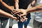 Hands, teamwork and fitness support for athlete motivation, collaboration and goals above. Closeup sports friends connect, celebration and trust in solidarity, community partnership and achievement 