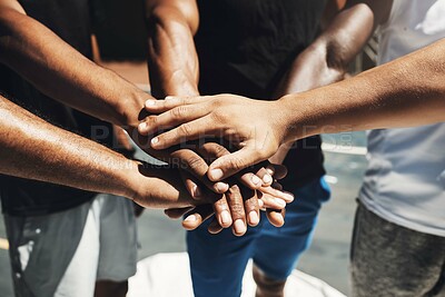 Buy stock photo Hands, teamwork and fitness support for athlete motivation, collaboration and goals above. Closeup sports friends connect, celebration and trust in solidarity, community partnership and achievement 