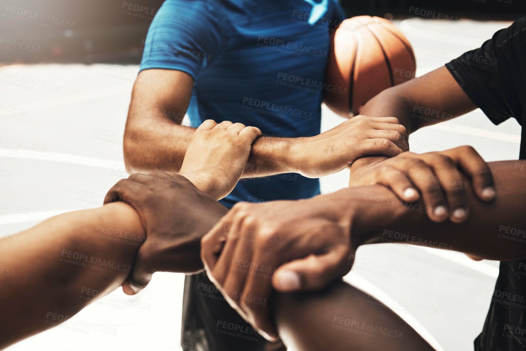 Buy stock photo Basketball, trust and hands for sports teamwork on outdoor court for competition preparation. Athlete team getting ready for game with huddle together for motivation, solidarity and support.

