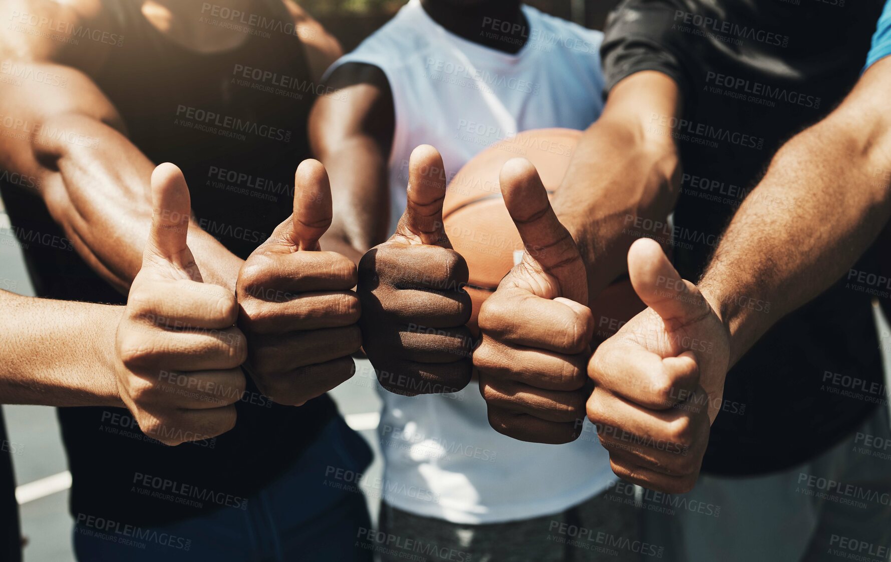 Buy stock photo Basketball men, hands and thumbs up in group outdoor for sports with friends, together or team. Diversity, circle and huddle for teamwork, motivation and fitness on basketball court, training or game