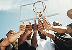 Basketball court, sports men and thumbs up success in fitness workout motivation, training trust and exercise community support. Low angle, friends and players with winner goals or vote hand gesture