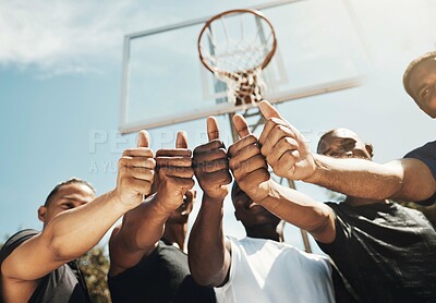 Buy stock photo Basketball court, sports men and thumbs up success in fitness workout motivation, training trust and exercise community support. Low angle, friends and players with winner goals or vote hand gesture
