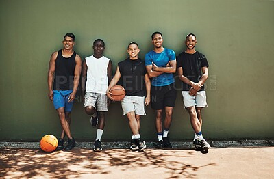 Buy stock photo Sports, basketball and team at court training for a game, match or competition with a smile. Portrait of athletes, workout and diverse group of men playing sport for exercise, fitness and health