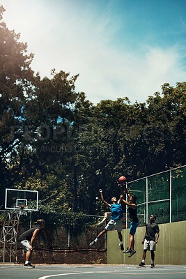 Buy stock photo Sports, team and men play basketball in a competition for game or sport players with talent, skill and fitness. People in a competitive training match on outdoor court with teamwork for fun or health