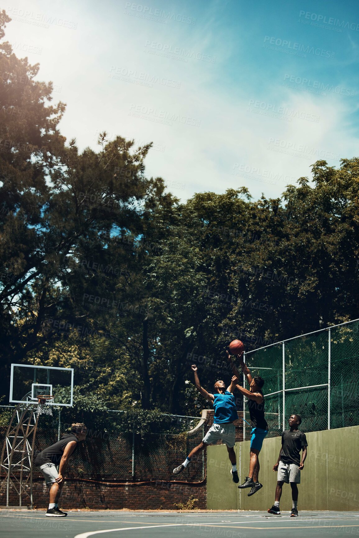 Buy stock photo Sports, team and men play basketball in a competition for game or sport players with talent, skill and fitness. People in a competitive training match on outdoor court with teamwork for fun or health