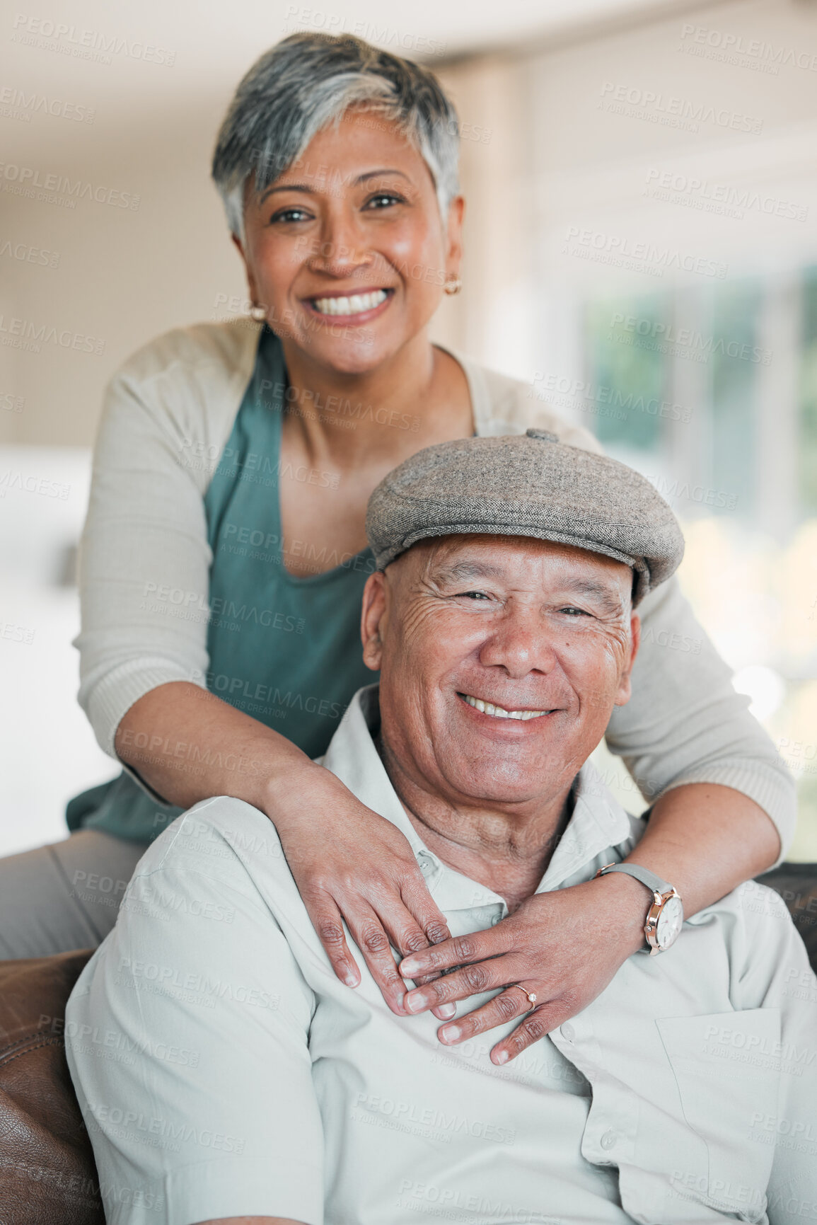 Buy stock photo Senior couple, portrait and love in home for happy retirement, loyalty to partner and commitment to marriage. Man, woman and smile for support, trust and freedom to relax in living room together 