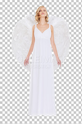 Buy stock photo Beauty, fantasy and woman with angel wings in heaven isolated on transparent background for religion. Holy, faith or pure and confident young model in feather costume for spiritual belief on PNG