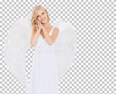 Buy stock photo Portrait, smile and woman with angel wings in heaven isolated on transparent background for religion. Beauty, fantasy or holy and happy young model in feather costume for spiritual belief on PNG