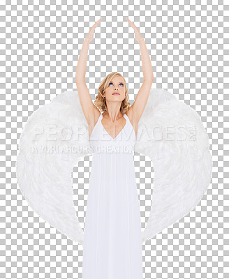 Buy stock photo Beauty, angel wings and woman with hands raised to heaven isolated on transparent background for religion. Fantasy, faith or protection and young model in feather costume for spiritual belief on PNG