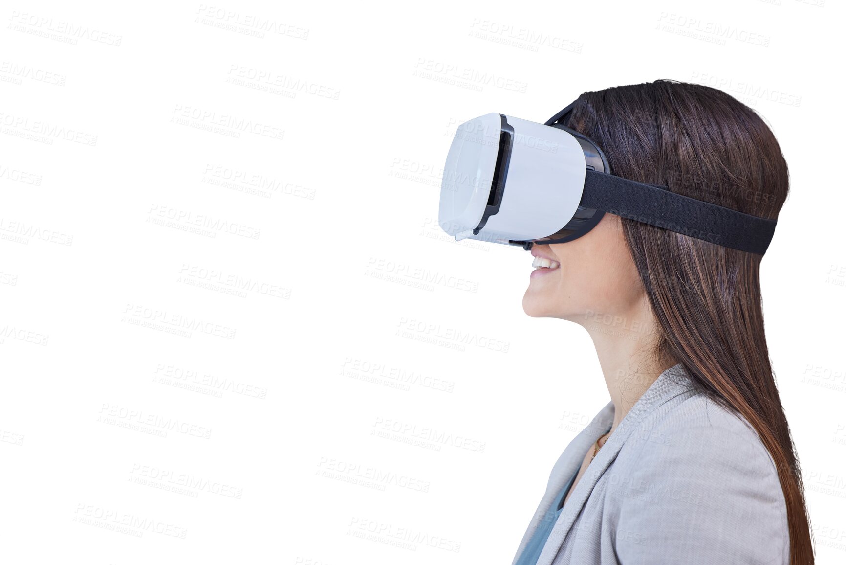 Buy stock photo Businesswoman, virtual reality and metaverse with goggles or futuristic meeting, internet or career. Female person, headset and isolated transparent png background with innovation, connect or service