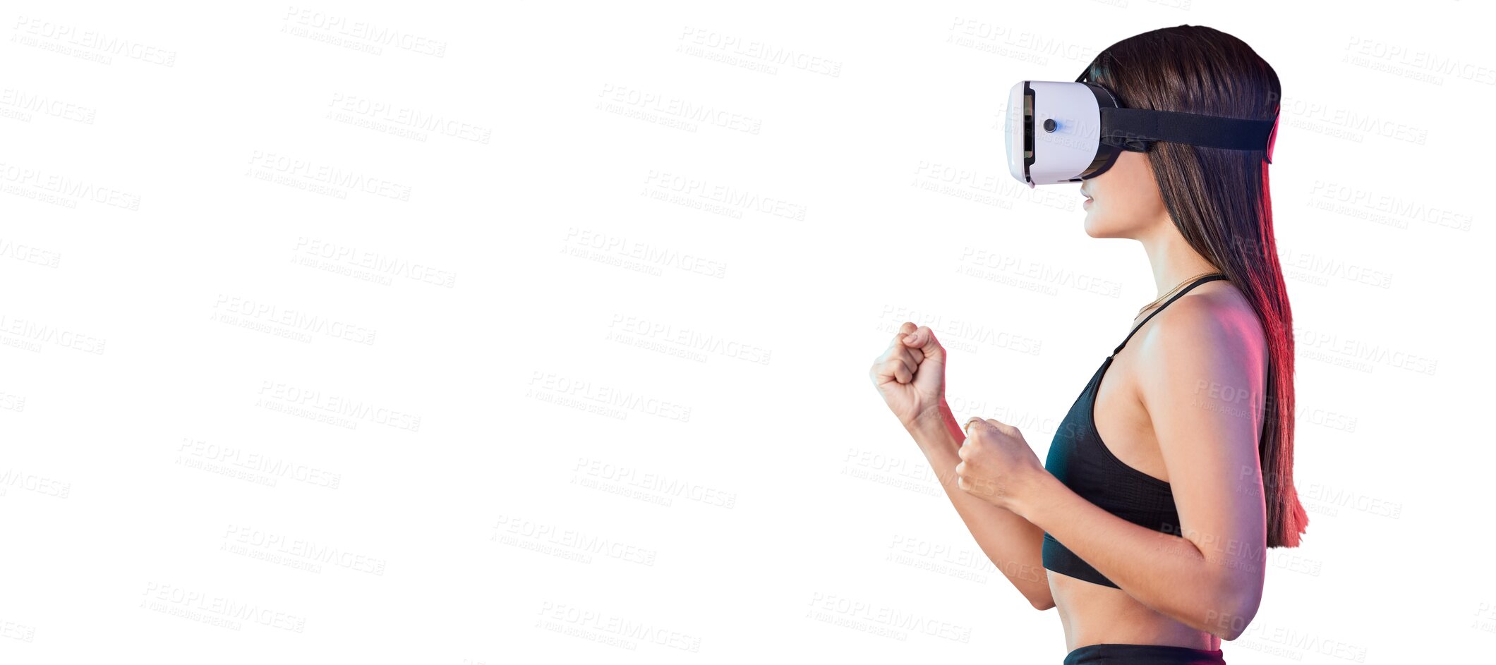 Buy stock photo Woman, boxing and goggles for virtual reality in metaverse for internet exercise for health, fitness or innovation. Female person, hands and isolated transparent png background, online or futuristic