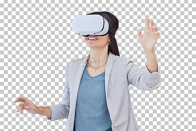 Buy stock photo Businesswoman, virtual reality and metaverse with goggles for innovation, internet or corporate. Female person, headset and isolated transparent png background with streaming, connect or futuristic