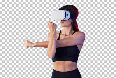 Buy stock photo Woman, goggles and virtual reality for stretching exercise as futuristic workout, innovation or simulation. Female person, headset and arms or isolated transparent png background, sport or fitness