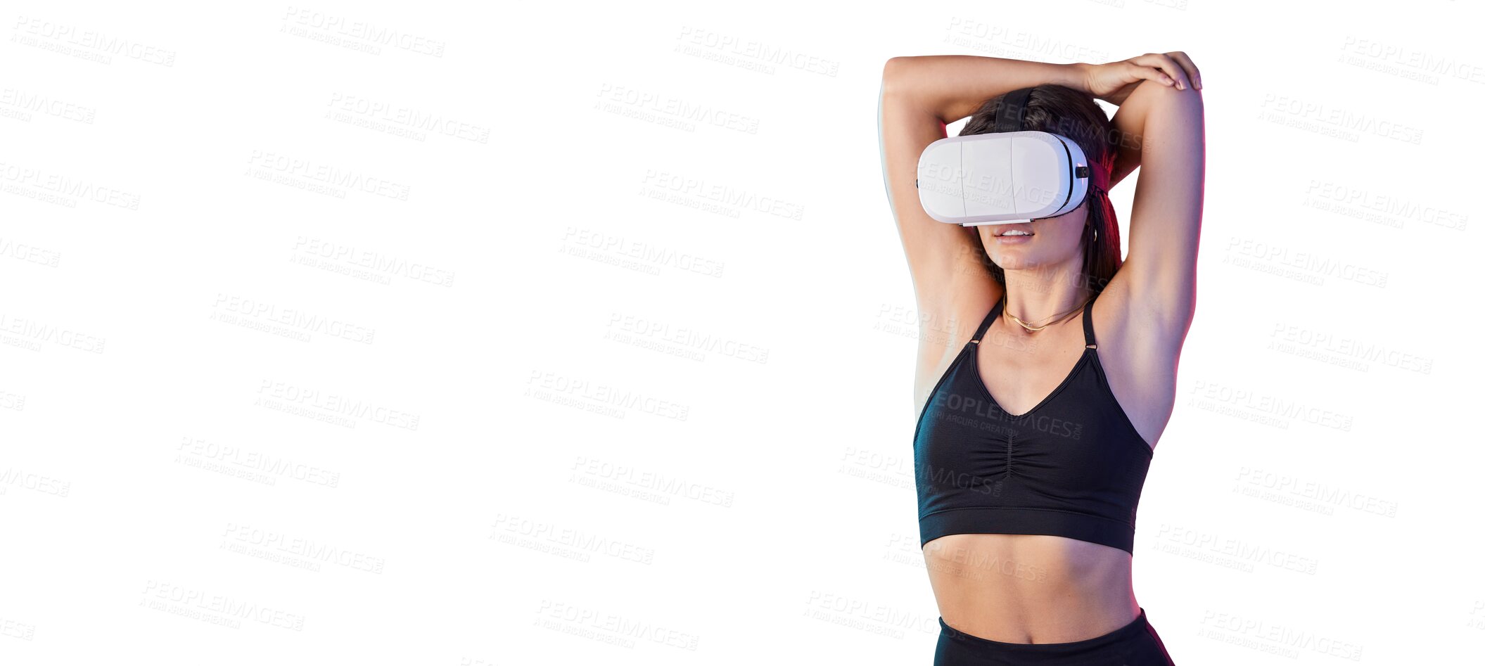 Buy stock photo Woman, goggles and virtual reality for stretching workout as futuristic fitness, innovation or simulation. Female person, headset and arms or isolated transparent png background, sport or metaverse
