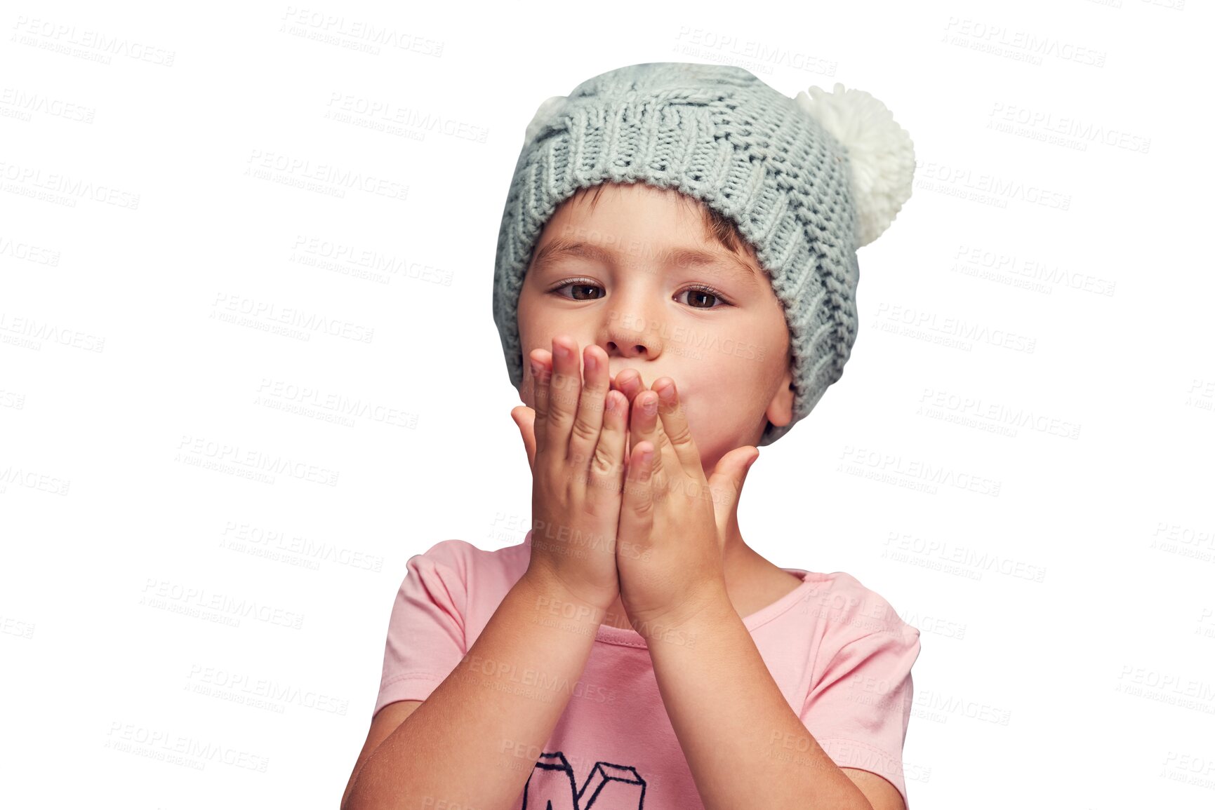 Buy stock photo Blowing, kiss and portrait of child with love and care in transparent, isolated or png background. Hands, gesture and kid on Valentines day with romance, support and emoji of kindness or compassion