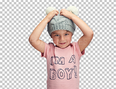 Buy stock photo Little boy, portrait and fluffy cap for fashion, clothing or cute style in winter clothing on a transparent PNG background. Face of male person, child or young kid with smile, warm hat and cool shirt