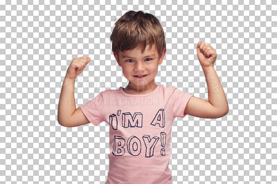 Buy stock photo Happy boy, portrait and flexing arms or muscle in fashion for strength or childhood on a transparent PNG background. Face of young male person, little child or cute kid with smile or strong attitude