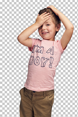 Buy stock photo Child, fashion and portrait of boy with shirt with gender equality isolated in transparent or png background. Pink, color and kid with happiness in casual style, outfit and affirmation on clothes