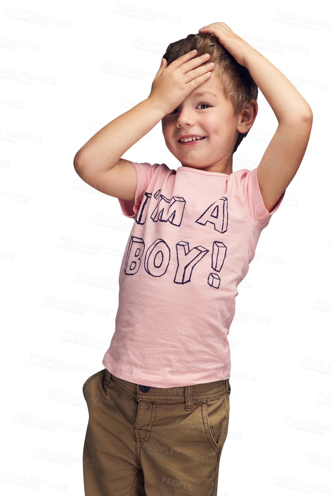 Buy stock photo Child, fashion and portrait of boy with shirt with gender equality isolated in transparent or png background. Pink, color and kid with happiness in casual style, outfit and affirmation on clothes