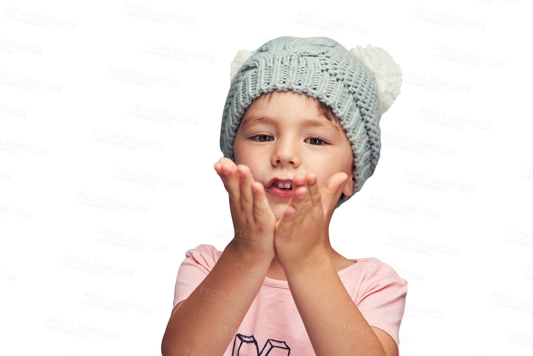 Buy stock photo Blowing, kiss and child with love in portrait and show care in transparent, isolated or png background. Hands, gesture and kid on Valentines day with romance, emoji of kindness and share support