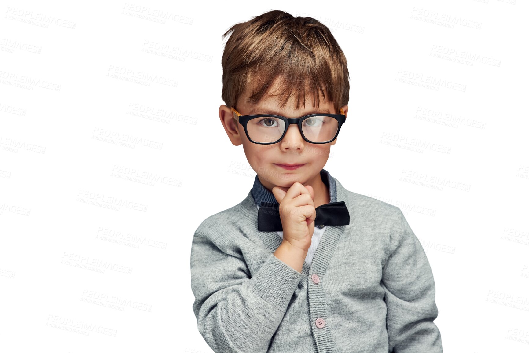 Buy stock photo Portrait, young boy or nerd fashion with glasses or confident  in trendy clothes with bow tie. Child model, face or thinking in style jersey for kindergarten or isolated on transparent png background