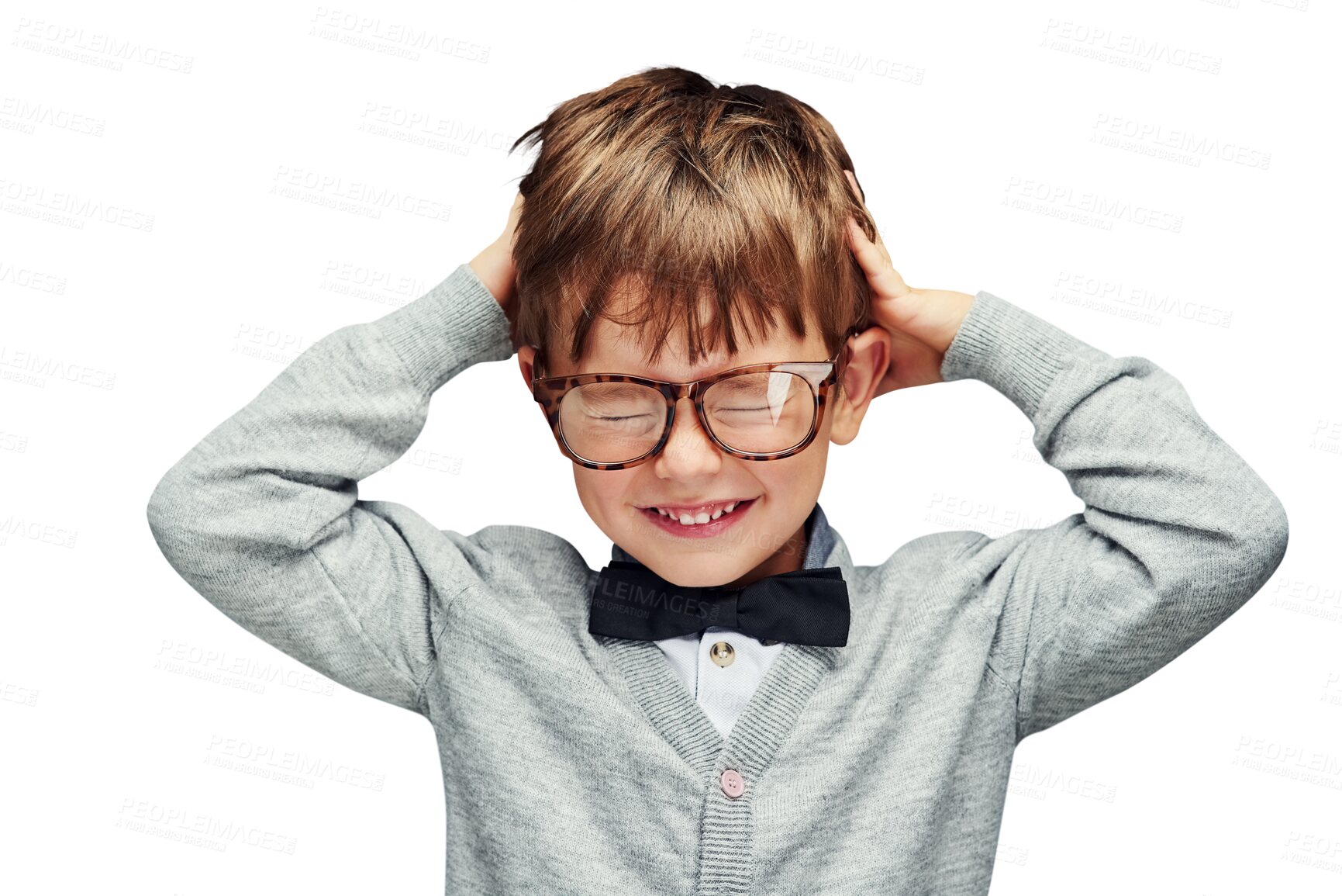Buy stock photo Child, boy and grimace with glasses for fashion with bow tie, with casual outfit, trendy style and happy. Kid, eyewear and confidence with energy and relax isolated on a png transparent background