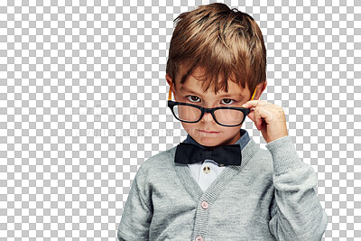 Buy stock photo Portrait, children and nerd boy in glasses isolated on transparent background for intelligence. Face, smart and eyewear with confident young kid geek on PNG for school, education or development