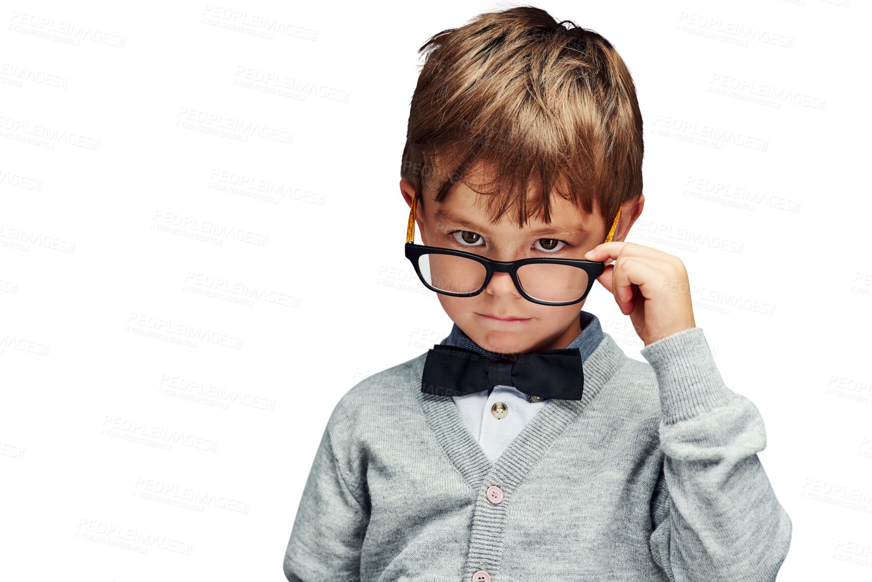 Buy stock photo Portrait, children and nerd boy in glasses isolated on transparent background for intelligence. Face, smart and eyewear with confident young kid geek on PNG for school, education or development