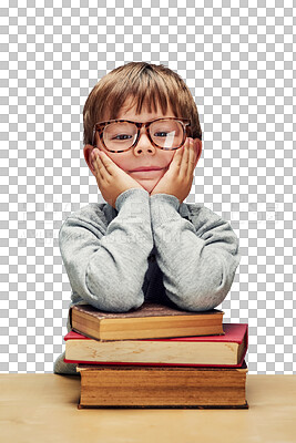 Buy stock photo Happy child, portrait and student with glasses on books for learning or education on a transparent PNG background. Face of young male person, geek or nerdy little boy with smile or textbooks on table