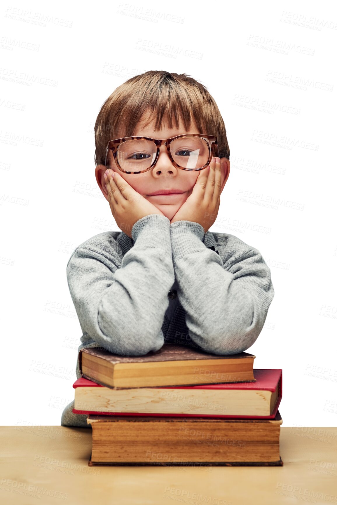 Buy stock photo Happy child, portrait and student with glasses on books for learning or education on a transparent PNG background. Face of young male person, geek or nerdy little boy with smile or textbooks on table