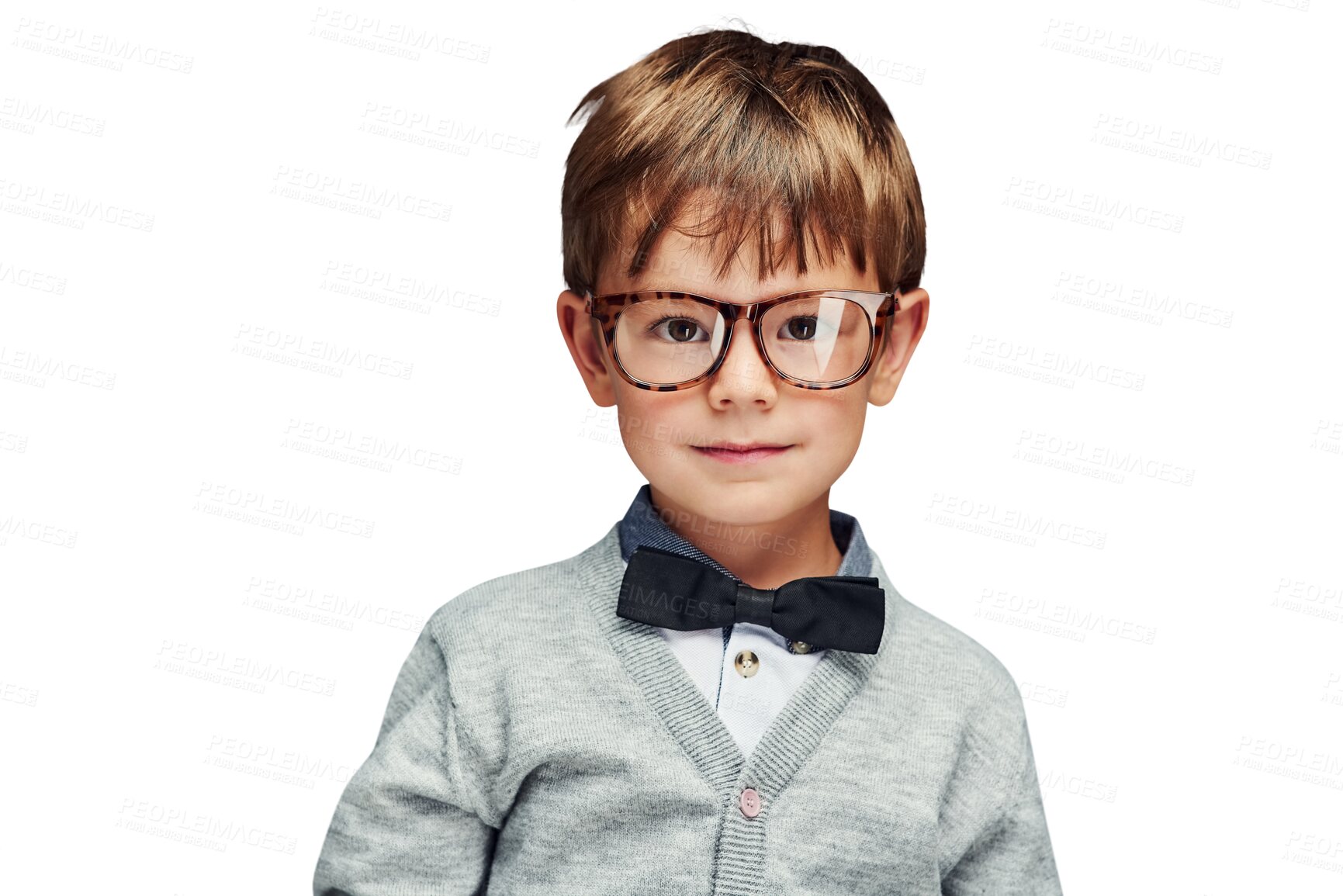 Buy stock photo Portrait, child and student in bowtie with glasses and confident boy in trendy clothes with fashion. Kid model, face or cute in style jersey for kindergarten or isolated on transparent png background