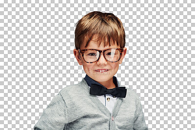 Buy stock photo Portrait, young boy or nerd fashion with glasses or confident child in trendy clothes with bow tie. Kid model, face or geek in style jersey for kindergarten or isolated on transparent png background