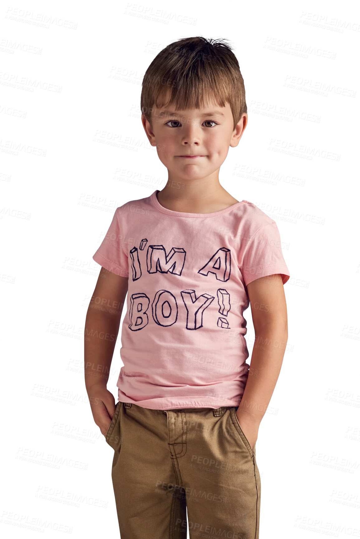 Buy stock photo Child, fashion and portrait of boy with shirt with gender equality isolated in transparent or png background. Pink, color and kid with happiness in style, outfit and affirmation message on clothes