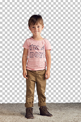 Buy stock photo Boy, fashion and portrait of child with shirt with gender equality isolated in transparent or png background. Pink, color and kid with happiness in casual style, outfit and message on clothes