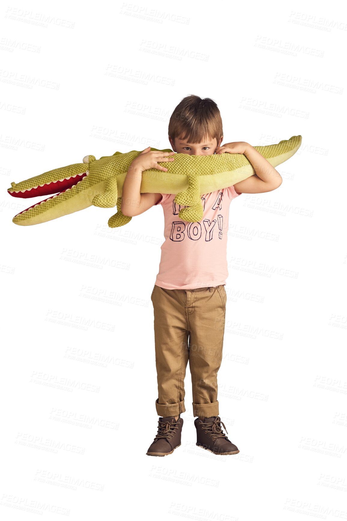Buy stock photo Boy, child in portrait and crocodile toys for comfort, hug or cuddle isolated on png transparent background. Young kid with soft animal for playing, security and childhood, fluffy and plush to hug