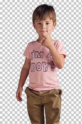 Buy stock photo Child, portrait and boy with fashion or shirt with gender equality isolated in transparent or png background. Pink, color and kid with happiness in casual style, outfit and message on clothes