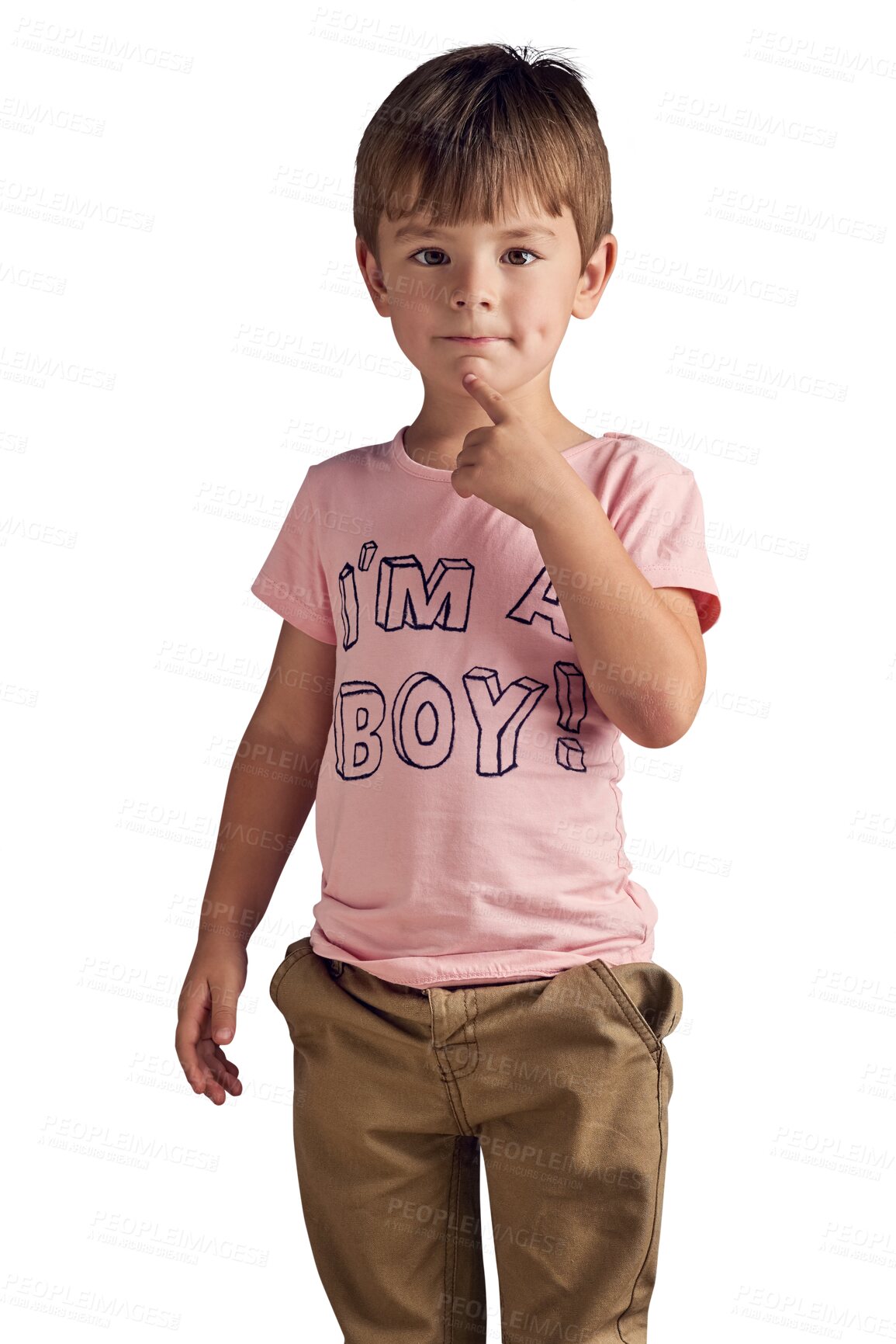 Buy stock photo Child, portrait and boy with fashion or shirt with gender equality isolated in transparent or png background. Pink, color and kid with happiness in casual style, outfit and message on clothes
