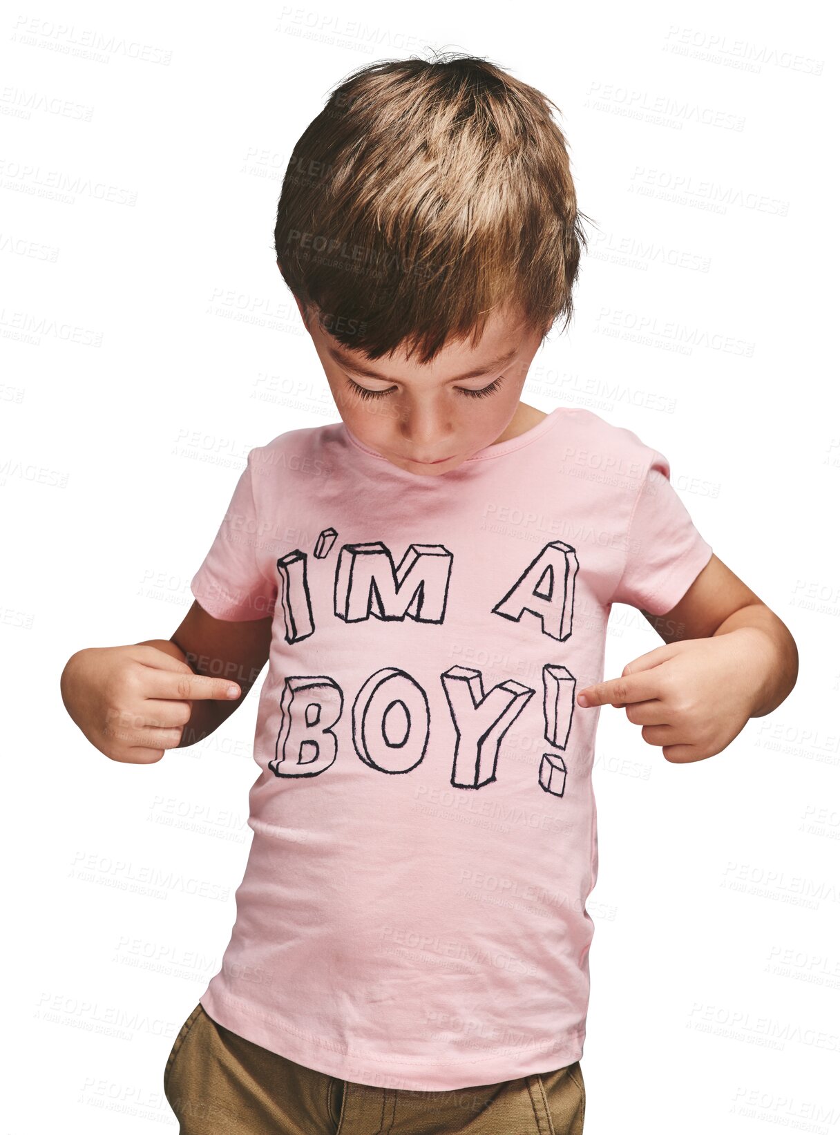 Buy stock photo Child, fashion and pointing to shirt with clothes for gender equality isolated in transparent or png background. Pink, color and kid with happiness in casual style, outfit and print message on top