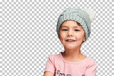 Buy stock photo Happy boy, portrait and fluffy cap for fashion, clothing or cute style in winter clothing on a transparent PNG background. Face of male person, child or young kid with smile, warm hat and childhood