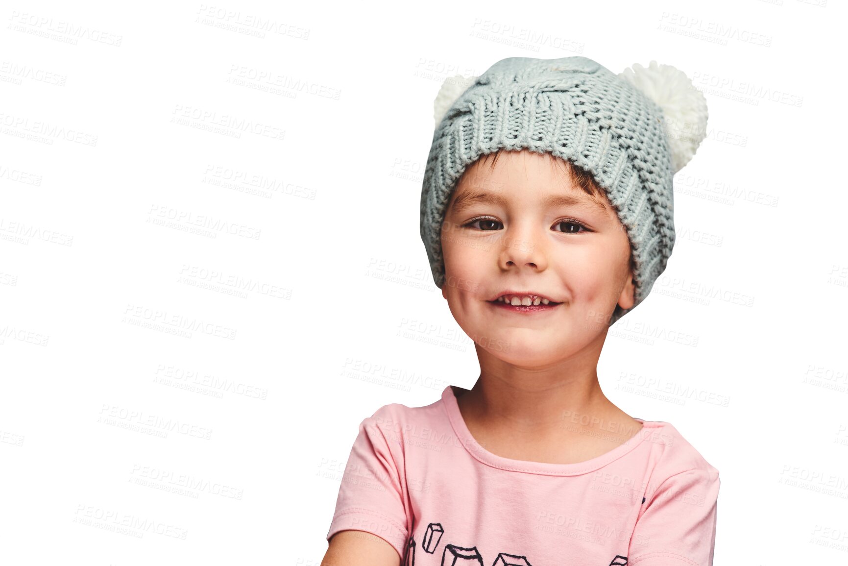 Buy stock photo Happy boy, portrait and fluffy cap for fashion, clothing or cute style in winter clothing on a transparent PNG background. Face of male person, child or young kid with smile, warm hat and childhood