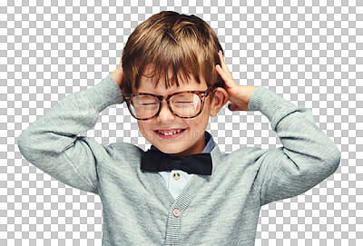 Buy stock photo Child, kid and smile with glasses for fashion with bow tie, with casual outfit, trendy style and happy. Child, eyewear and confidence with energy and relax isolated on a png transparent background