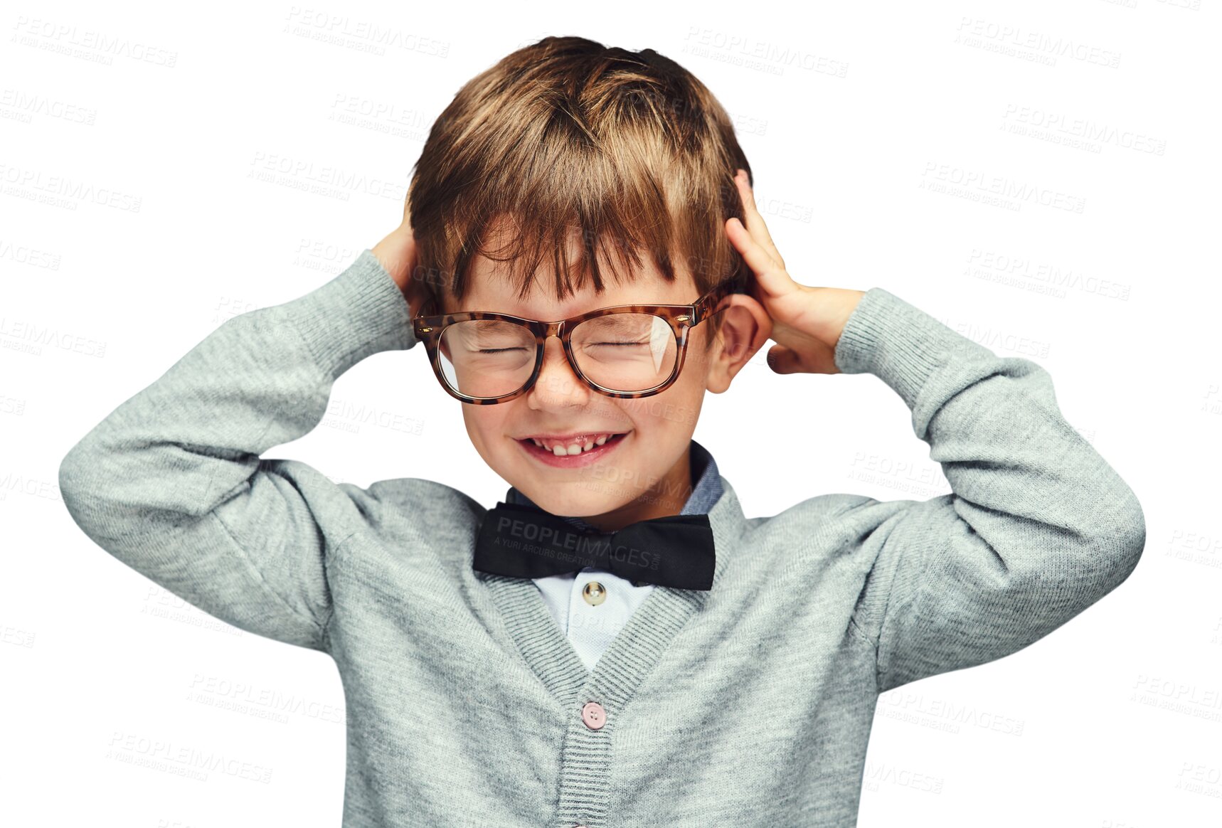 Buy stock photo Child, kid and smile with glasses for fashion with bow tie, with casual outfit, trendy style and happy. Child, eyewear and confidence with energy and relax isolated on a png transparent background