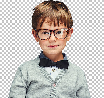 Buy stock photo Portrait, child and student in fashion with glasses and confident boy in trendy clothes with bow tie. Kid, face and happy in style jersey for kindergarten and isolated on transparent png background