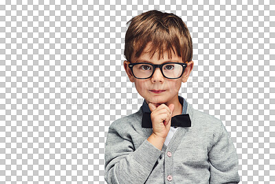 Buy stock photo Portrait, children and geek boy in glasses isolated on transparent background for intelligence. Face, smart and eyewear with confident young kid nerd on PNG for school, education or development